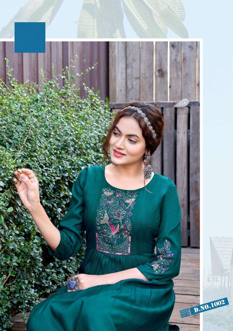 MORNI VOL 1 BY KOODEE BRAND PRESENTS HEAVY RAYON DOBBY HANDWORK, EMBROIDERY AND KHATLIWORK DESIGNER NAYRA STYLE KURTI-1002-C